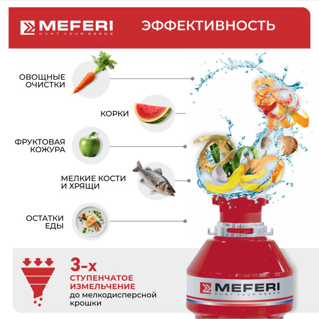 Измельчитель пищевых отходов Meferi MFD750 PUSH ULTRA с пневмокнопкой в комплекте